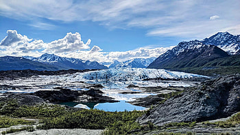 Beautiful view of the Matanuska Glacier, Alaska, peaks, clouds, landscape, sky, water, ice HD wallpaper