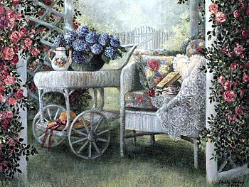 tea in the garden, chair, roses, garden, vase, pillow, wicker, book, flowers, teapot, hat, cart HD wallpaper