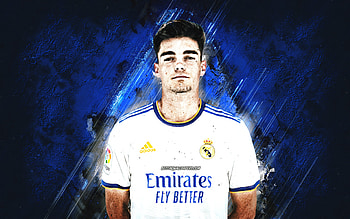Miguel Gutierrez, Real Madrid, Spanish footballer, portrait, blue stone background, La Liga, England, football HD wallpaper