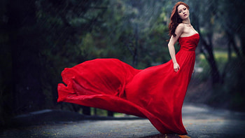 Girl in a red dress, red, trees, road, girl, dress HD wallpaper