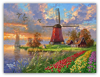 wonderful windmill, landscape, windmill, flowers, lake HD wallpaper