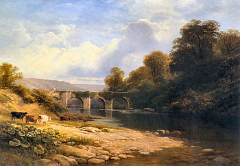 Staveton Bridge, Devon, architecture, art, landscape, beautiful, illustration, England, artwork, Devonshire, scenery, wide screen, cows, painting, bridge, South West England HD wallpaper