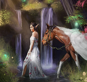 Elf girl and Pegasus, wings, brooklyn smith, art, girl, pegasus, elf, fantasy, waterfall, luminos HD wallpaper