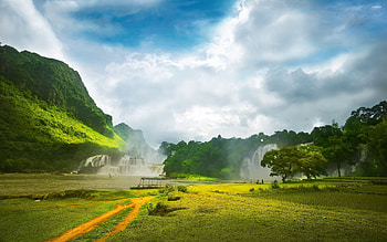 Mesmerizing waterfalls, que beauty, Nature's marvel, Serene greenery HD wallpaper