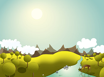 Peaceful, dom, landscape, beautiful, summer, green, deer, clouds, trees, peace, mountains, water, sun HD wallpaper