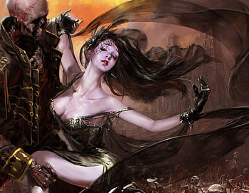 Dance with the Death, skelletons, black, dance, art, gloves, beautiful, dress, beauty, dark, woman, lady, fantasy, abstract, yellow, red, female HD wallpaper