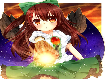 reiuji utsuho, touhou, brown hair, cute, blush, girl, cannon HD wallpaper