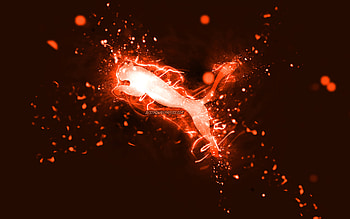 Puma orange logo, , orange neon lights, creative, orange abstract background, Puma logo, brands, Puma HD wallpaper