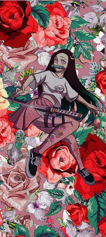 Nezuko and flowers, red, pink, drip, demon_slayer, anime HD phone wallpaper