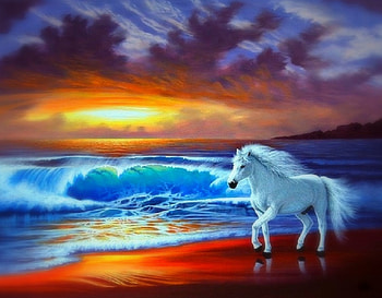 ..Shore Stunning Sunset.., colorful, horse, beaches, colors, digital art, shore, animals, drawings, places, wave, stunning, sea, sunsets, paintings, creative pre-made, clouds, sky HD wallpaper