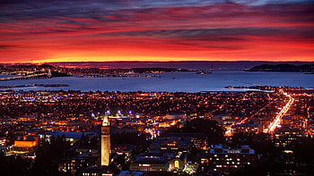 san francisco across from berkley in red sunset, city, red, bay, bridge, sunset HD wallpaper