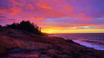 Sunset Over the Bay Fundy at Point Prim in Nova Scotia, coast, landscape, clouds, colors, sky, canada, rocks HD wallpaper