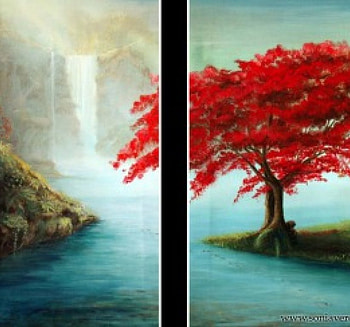 Through the window, red, waterfall, water, lake, tree HD wallpaper