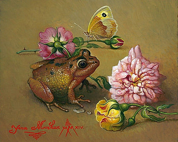 Frog, art, yana movchan, rose, pink, painting, butterfly, pictura, green, broasca, flower, yellow HD wallpaper