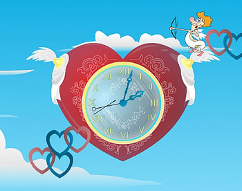 Cupid's Clock, love, hearts, clouds, cupid, sky, clock, bow HD wallpaper