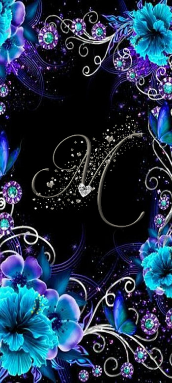 Letter M, flowers, blue, black, hearts, purple, silver, cute HD phone wallpaper