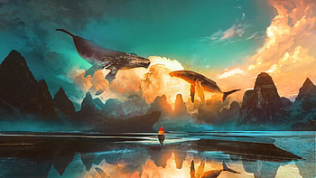 Glide, whale, fantasy, landscape, artistic, fantasy landscape HD wallpaper