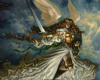 Angel Warrior, shield, sword, red head, angel, female HD wallpaper