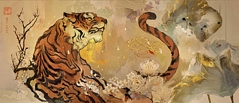 Year of the Tiger, tigru, luminos, bosi art studios, orange, art, tiger, chinese, zodiac, fantasy, flower HD wallpaper