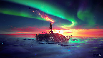 Nature, Lake, Girl, hop, Northern Lights, Aurora Borealis, Ruin, Ruins HD wallpaper