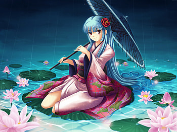 Pond, lake, flowers, anime girl, rain, umbrella HD wallpaper