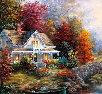 by Niky Boehme, painting, art, trees, nature, oil, houses, beauty HD wallpaper