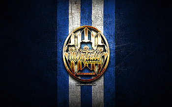 Montedio Yamagata FC, golden logo, J2 League, blue metal background, football, japanese football club, Montedio Yamagata logo, Montedio Yamagata HD wallpaper