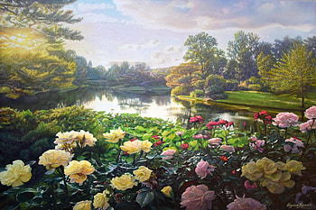 Roses, garden, zbigniew kopania, lake, summer, rose, pink, painting, pictura, flower, green, yellow, water, vara HD wallpaper