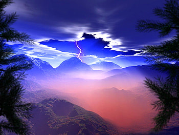 Evening mists, mist, blue sky, hidden sun, peaks, clouds, trees, evening HD wallpaper