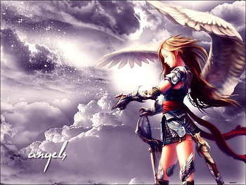 Angel, wings, anime, clouds, cute, sky, girl, warrior HD wallpaper