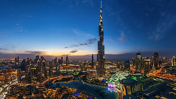 Burj Khalifa, Dubai city lights, Urban night view, Illuminated skyline HD wallpaper