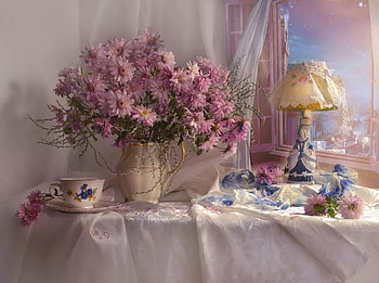 Still life, Cup, Lamp, Bouquet, Chrysanthemum, Tea HD wallpaper
