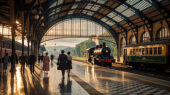 Golden Hour Steam — Vintage Train Station HD wallpaper