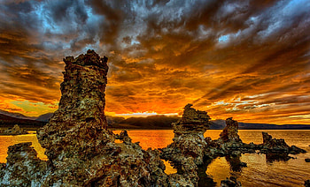 Beautiful Sky At Mono Lake, saline, clouds, desert, lake, sunset, towers, California HD wallpaper