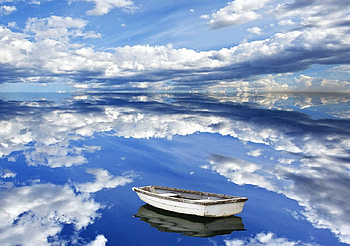 Lake Reflection, boat, reflection, clouds, sky, nature, lake HD wallpaper
