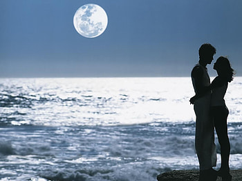 Love, sand, boy, moon, hug, girl, water, beach HD wallpaper