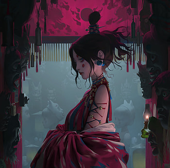 Girl, fantasy, art, zeen chin, pink, dark HD wallpaper
