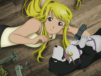 Winry and Den, dog, rockbell, winry, blonde, full metal alchemist, girl, den HD wallpaper