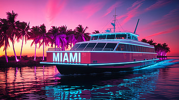 Miami Ferry at Sunset - Ultra, ferry, yacht, Miami, palm tree, water reflection HD wallpaper