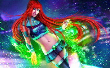 Fantasy girl, blue, fantasy, art, green, redhead, girl, woman, starfire HD wallpaper
