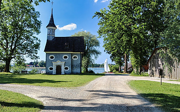 Chapel by River, yacht, river, chapel, trees, road HD wallpaper