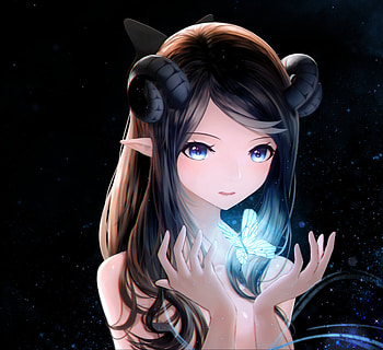 Enchanting Spell, Amazing, Butterfly, Beauty, Sparkles, Cute, Wonderful, Elf Ear, Beautiful, Blue Eyes, Airiinine, Demon, Horns, Lovely, Anime, Pretty, Enchantress, Girl, Sweet, Long Hair HD wallpaper