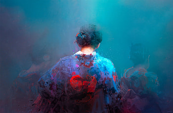 Kimono, art, asian, red, geisha, girl, blue, frumusete, thomas dubois, fantasy, luminos HD wallpaper