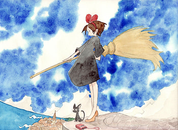 Kiki's Delivery Service, anime, broomstick, sky, cat, girl HD wallpaper