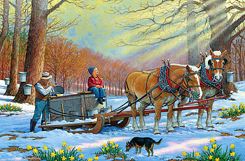 Sweetness And Light, winter, horses, painting, snow, man, trees, cart, child HD wallpaper