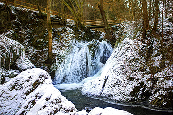 Nature, Snow, Waterfall, Forest, Bridge, Germany, Buchel HD wallpaper