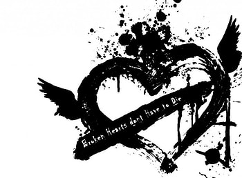 My Black Heart, wings, black, line, winged, ribbon, heart HD wallpaper