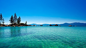 Blue beach landscape, Ocean, Rocky beach, Distant mountains, Sea, Beach, Blue, Sky HD wallpaper