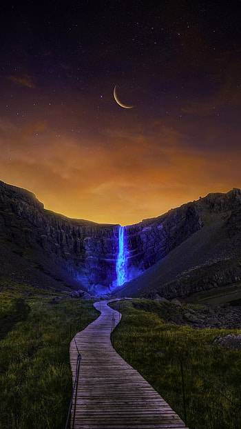 Waterfall, cloud, sky, moon, mountain, dock HD phone wallpaper