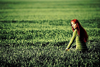 Beauty in green, field, green, red hair, grass, woman HD wallpaper